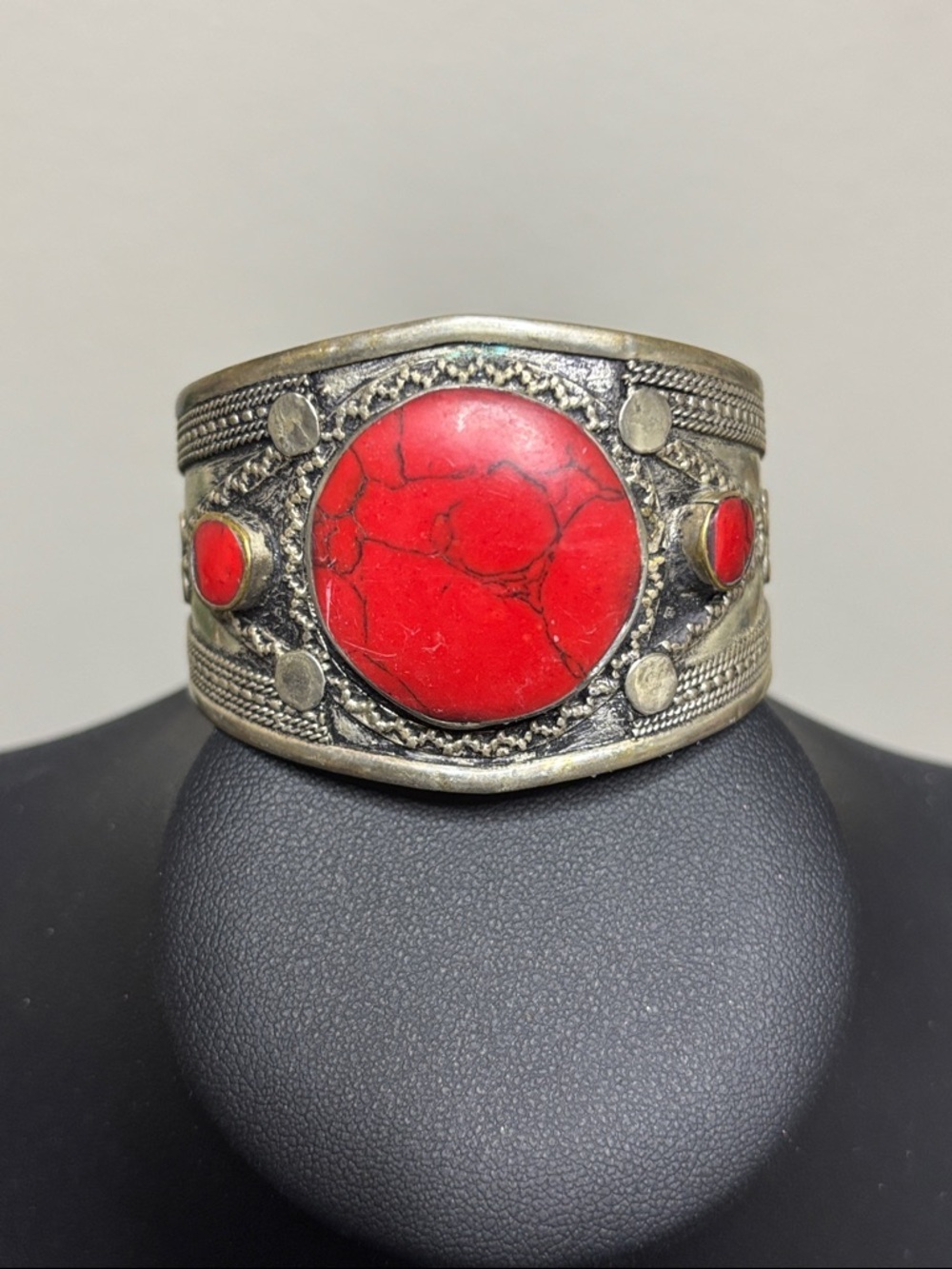 Afghani Silver Plated Handmade Bracelet Bangle Cuff Red Howlite Stone